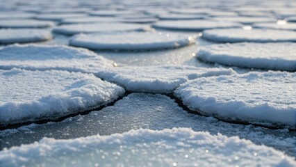 Obraz premium Ice formations create a textured surface with circular patterns and sparkling frost, reflecting light in a serene, cold environment.
