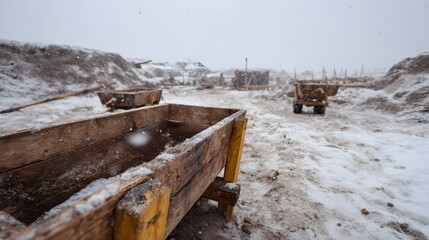A winter excavation site with weathered wooden carts amid falling snow creating a desolate industrial landscape