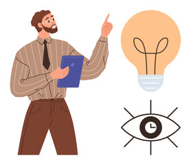 Business professional holding clipboard and pointing upward near light bulb and clock-eye visuals. Ideal for creativity, innovation, time management, productivity, analysis, vision, leadership