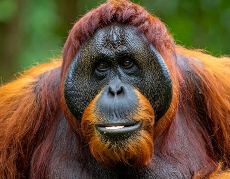 Close-up of an orangutan with reddish-brown fur, a dark face, and a thoughtful gaze, set against a blurred green backdrop