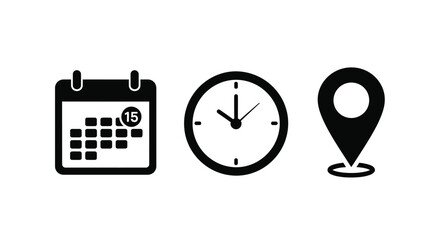 Calendar clock and location icons depicting schedule time and place