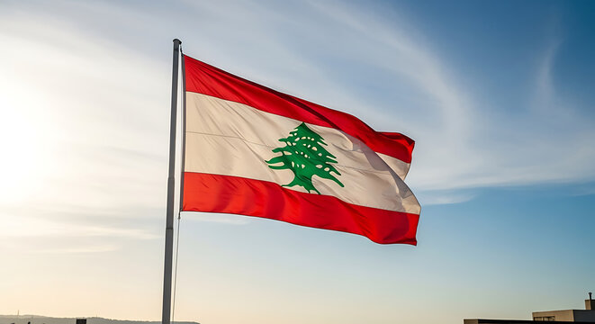 Lebanese flag waving proudly on a flagpole against a bright sky with clouds