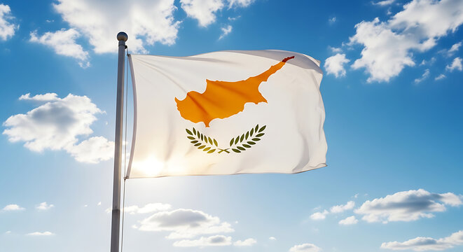 The flag of cyprus waving proudly in the bright blue sky with fluffy white clouds