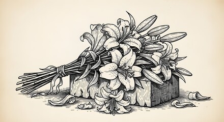 a somber bouquet of lilies rests on a gravestone, carved in monochrome hatching. 