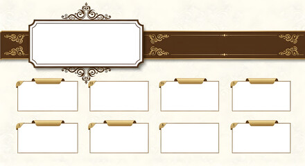 Elegant ornate frame, brown banner, multiple text boxes layout