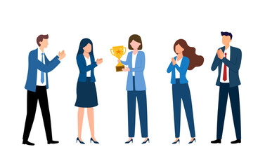Fototapeta premium Happy smiling young woman winner holding the trophy award for success in business standing in office with a team of people colleagues applauding for company best employee reward.