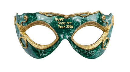 Elegant green and gold masquerade mask with happy new year 2026 text