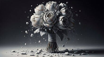 a bouquet carved from gray marble crumbles into dust midair, each petal cracking as it falls.