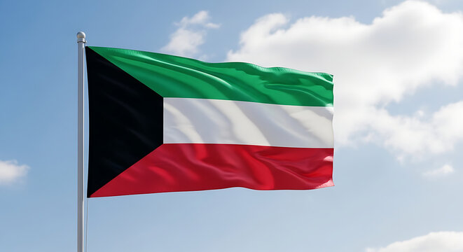 Kuwaiti flag waving proudly against a bright blue sky with white clouds