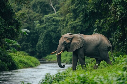 A majestic elephant gracefully navigates through a lush river, surrounded by verdant trees and vibrant foliage, embodying the essence of nature's grandeur. - Powered by Adobe