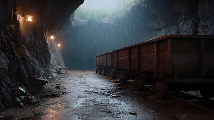 Atmospheric mining tunnel with rain and empty mine carts on tracks
