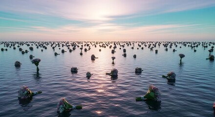 thousands of bouquets float across a calm ocean surface, drifting endlessly toward the horizon.
