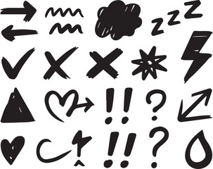 Line movement effect element, Hand drawn cute doodle line element arrow,  cartoon emotion effect decoration icon. emphasis, shock, sparkle. Anime movement, express shape. Vector illustration.