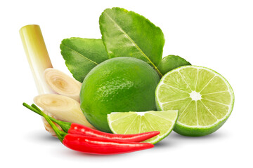 Galangal lemongrass kaffir lime leaves lime red chili pepper composition isolated on white background. Tom yum ingredient