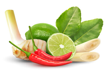 Galangal lemongrass kaffir lime leaves lime red chili pepper composition isolated on white background. Tom yum ingredient
