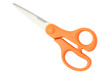 Orange plastic children's safety scissors for school or crafts isolated on transparent background