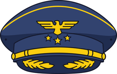 Captain hat, pilot cap, gold emblem, navy blue, aviation symbol, maritime authority, uniform style, eagle badge, leadership icon, cartoon illustration, official design