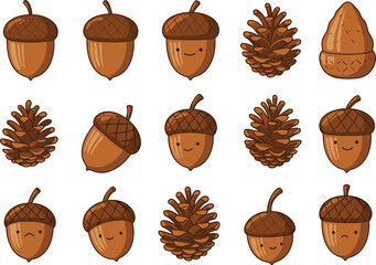 Cartoon acorns and pinecones, expressive forest elements, cute nature characters, seasonal illustration, autumn theme, child-friendly vector, educational artwork, woodland design