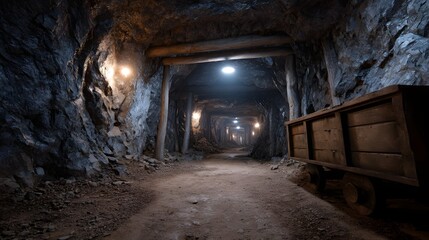 An illuminated underground mine tunnel with a mining cart and wooden supports