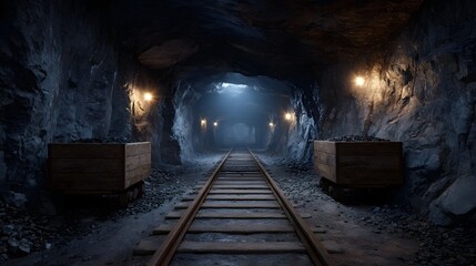 Fototapeta premium An atmospheric view down a dark dusty mine tunnel with railway tracks and laden mine carts illuminated by industrial lamps