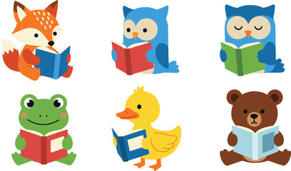 Cartoon animals reading books, educational character illustration, literacy theme vector, child-friendly style, storytelling concept artwork, cute animal design, learning activity graphic