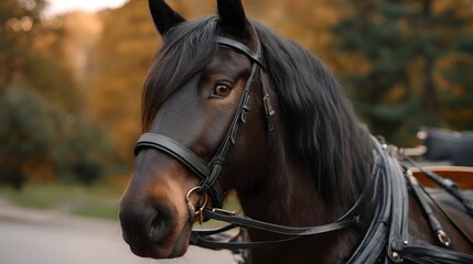 Obraz premium A dark brown horse wearing a leather harness stands in an autumnal landscape during golden hour