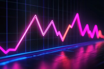 A vibrant neon-lit graph on a dark background, with a glowing pink and blue line that zigzags across the screen, creating a dynamic visual effect.