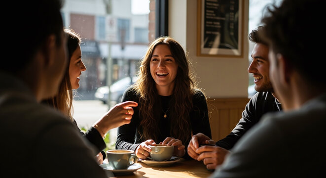 Friends enjoying coffee in a cozy café