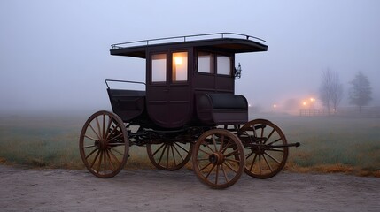 Fototapeta premium Vintage horse drawn carriage with illuminated interior sits in foggy dusk countryside