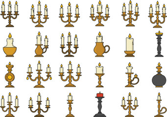 Cartoon candle collection, candlestick illustration set, lit wax designs, decorative holders, colorful flame artwork, vintage style, child-friendly vector, cozy ambiance, artistic home decor