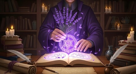 a scholar places a bouquet of glowing lavender into a magical book that turns the petals into symbols. Wide shot framed at table height.