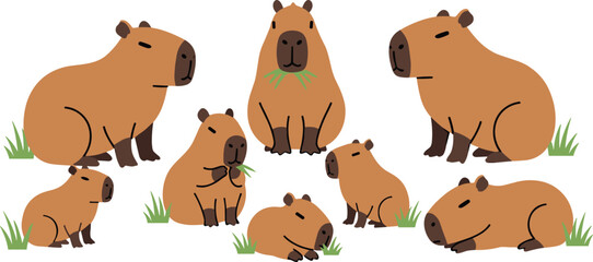 Cartoon capybara illustration, cute animal vector, capybara poses clipart, grass eating design, wildlife character set, playful rodent drawing, nature theme, friendly style