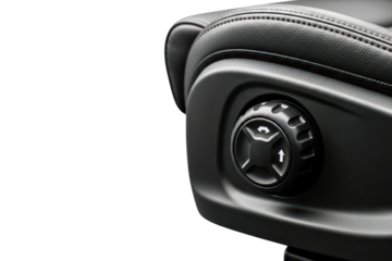 Close-up of a car power seat adjustment control on black leather isolated on transparent background