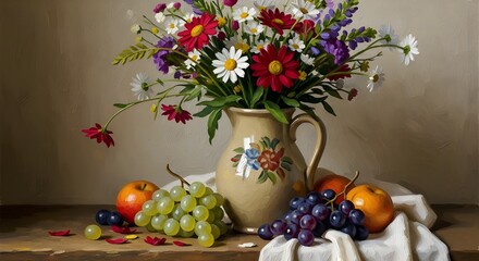 a bouquet of wildflowers rests in a ceramic jug beside fruit and fabric. 