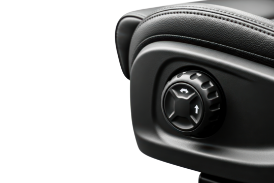 Close-up of a car power seat adjustment control on black leather isolated on transparent background