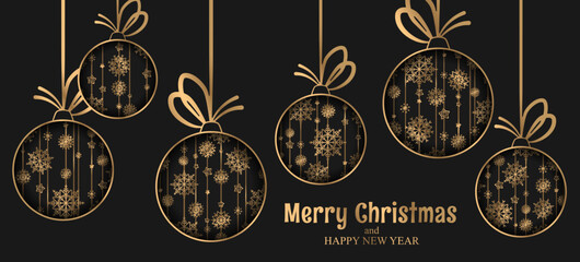 Merry Christmas vector illustration with Christmas balls decoration and gold snowflakes pattern isolated on black background. Modern holiday design template for card, poster print, web banner