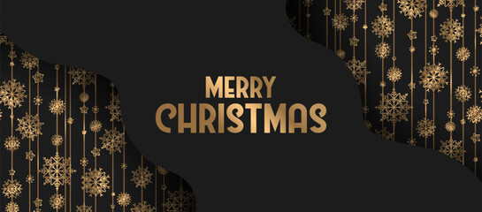 Merry Christmas vector illustration with gold snowflakes decoration pattern and lettering isolated on black background. Modern holiday design template for card, poster print, web banner