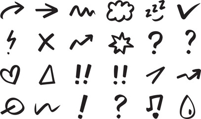 Line movement effect element, Hand drawn cute doodle line element arrow,  cartoon emotion effect decoration icon. emphasis, shock, sparkle. Anime movement, express shape. Vector illustration.