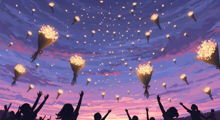 hundreds of glowing flower bouquets drift upward into the night sky like lanterns. Wide panoramic shot, horizon painted with textured strokes. 