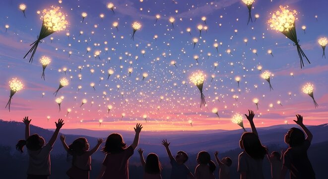 hundreds of glowing flower bouquets drift upward into the night sky like lanterns. Wide panoramic shot, horizon painted with textured strokes. 