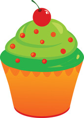 A colorful cartoon cupcake with green frosting and a bright red cherry