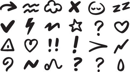 Line movement effect element, Hand drawn cute doodle line element arrow,  cartoon emotion effect decoration icon. emphasis, shock, sparkle. Anime movement, express shape. Vector illustration.