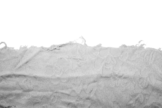 Textured white fabric with frayed edges and torn elements, perfect for showcasing intricate textile art in a visually captivating design On Transparent Background.