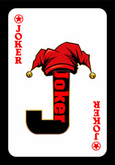 Red joker playing card with letter j and jester hat. Minimalist vector illustration for casino, poker, or graphic design template