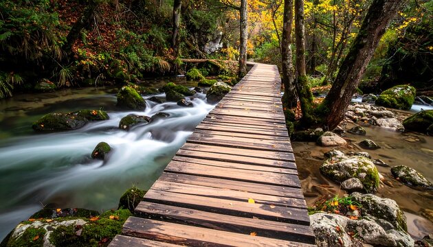 A wooden pathway stretches across a stream with flowing water, bordered by mossy rocks and lush autumn foliage