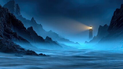Coastal lighthouse beacon guiding navigation amidst mist and mountains