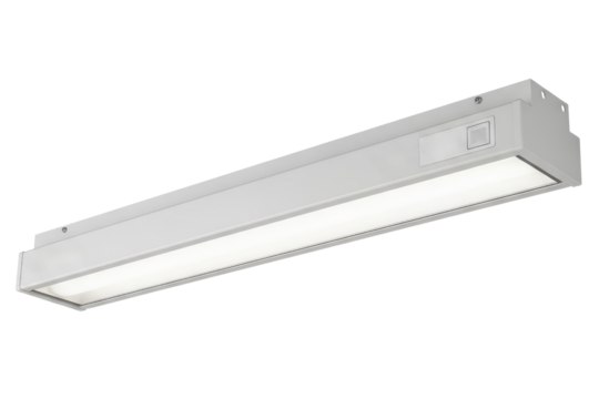 Modern white LED under-cabinet light fixture with a switch isolated on transparent background
