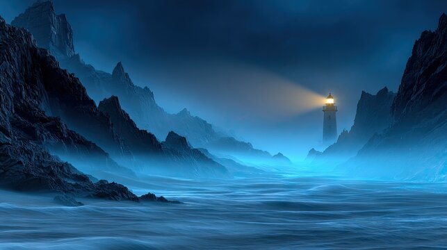 Coastal lighthouse beacon guiding navigation amidst mist and mountains