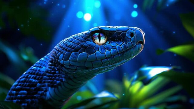 Mystic Blue Snake, Blue Snake Night Scene, Blue Snake Fantasy Glow, Fantasy Reptile Photography Art, Bioluminescent Wildlife Concept