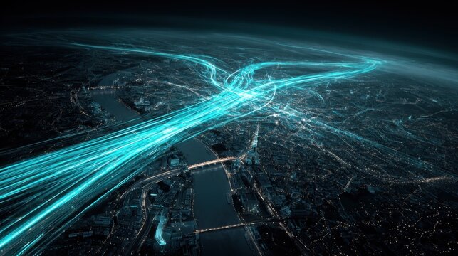 Aerial view of dynamic city nightscape illuminated by vibrant light trails over busy urban streets and waterways - Powered by Adobe